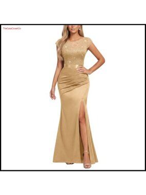 Sequined Scoop Neck Cap Sleeve Satin Mermaid Maxi Evening Dress